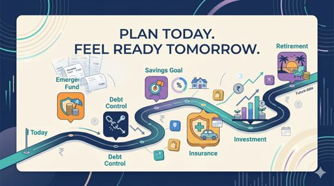 Financial planning roadmap showing emergency fund, debt control, savings goals, insurance, investment and retirement