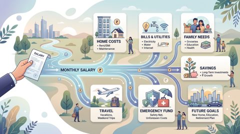 Illustration of a monthly salary flowing into organised areas for bills, household spending, savings, emergency money and future goals.
