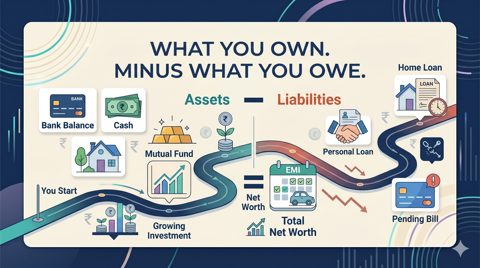 Net worth illustration showing assets minus liabilities equals financial position