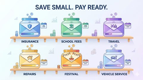 Sinking fund illustration with separate savings jars for planned future expenses