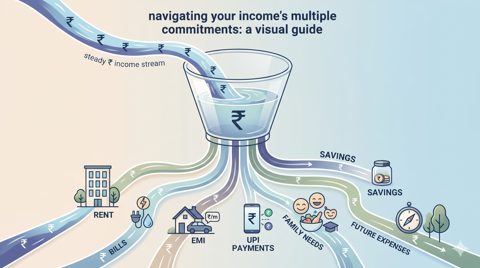 Illustration of a steady income amount splitting into rent, bills, EMI, UPI spending, family needs and savings, showing why income alone does not create financial clarity.
