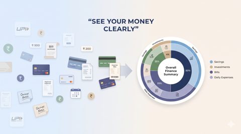 Illustration showing scattered payment, bill and ₹ symbols becoming an organised personal-finance overview, representing clearer money tracking