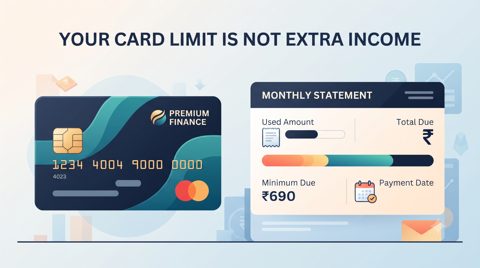 Credit card statement illustration showing total outstanding, minimum due and payment date