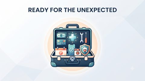 Emergency expense preparedness illustration with savings, medical needs, home repair tools and calendar alert