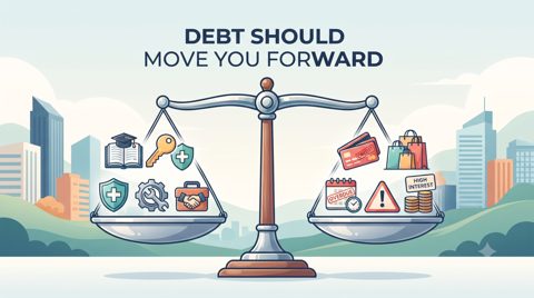 Good debt and bad debt illustration comparing purposeful borrowing with financially stressful borrowing