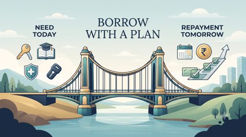 Debt repayment illustration showing borrowing for an important need and a planned path toward repayment