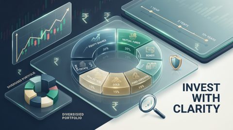 Investment portfolio illustration showing diversified assets, market movement and long-term investing