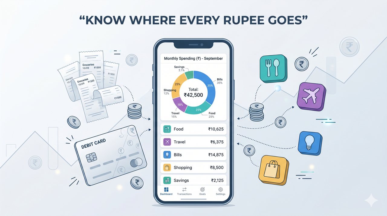 Expense tracker dashboard showing daily spending categories and monthly expense summary