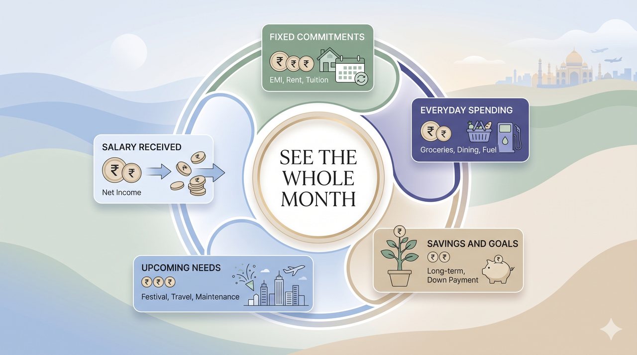 Five-part monthly financial overview showing salary, fixed commitments, everyday spending, savings goals and upcoming needs.