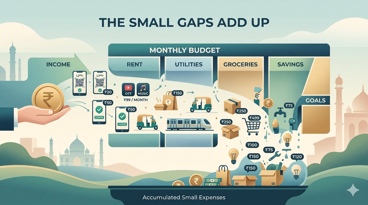 Small UPI payments, subscriptions, delivery costs and local travel expenses slipping through gaps in a monthly budget.