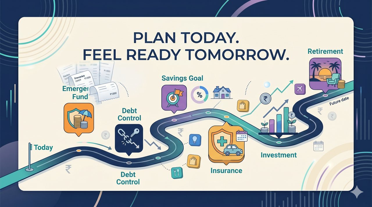 Financial planning roadmap showing emergency fund, debt control, savings goals, insurance, investment and retirement