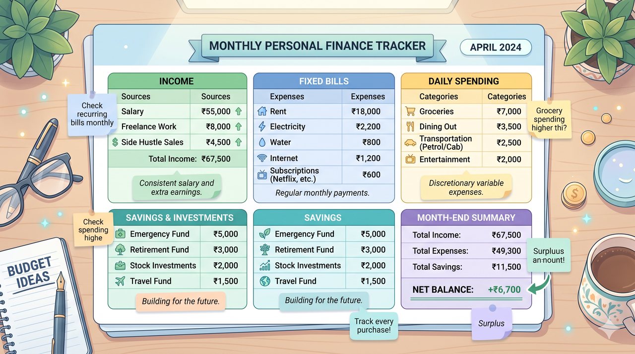 Simple personal-finance spreadsheet with income, bills, spending, savings and month-end balance sections.