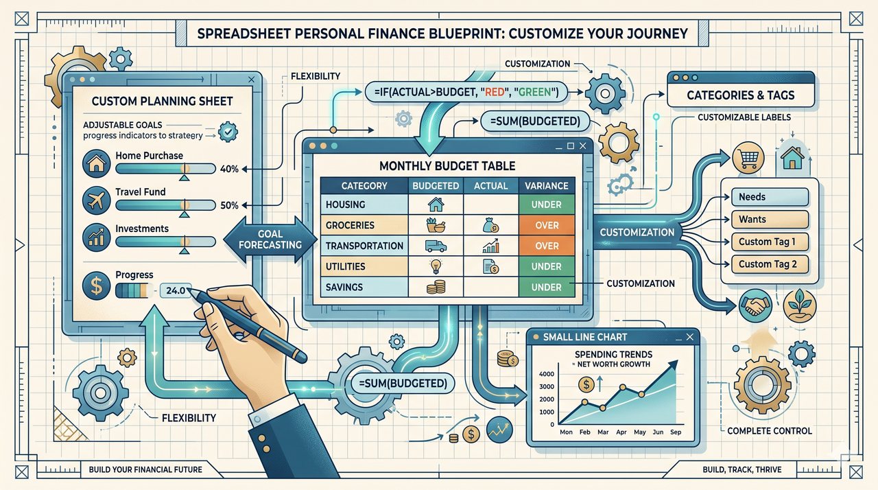 Illustration of spreadsheet formulas, budget tables and custom planning sections showing Excel’s flexibility for personal finance.