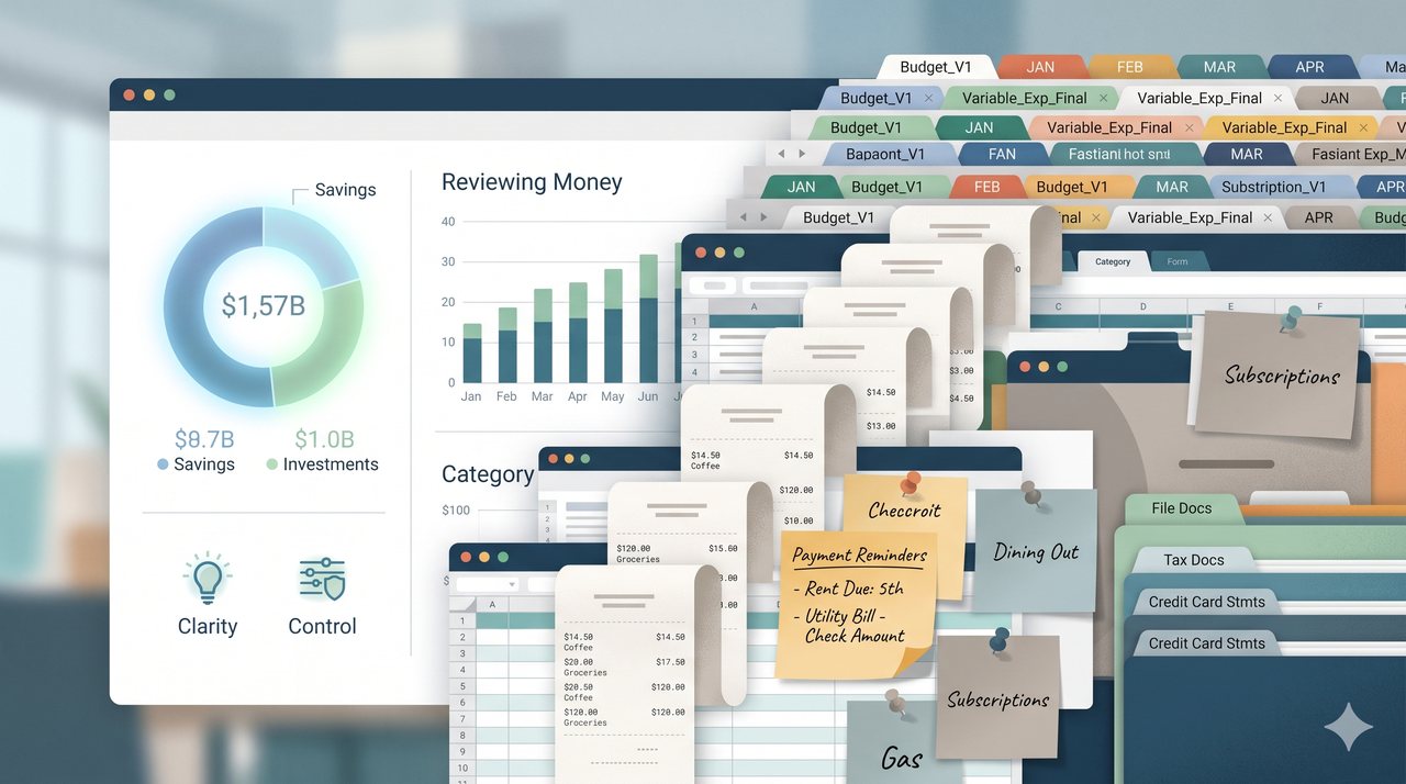 Growing spreadsheet tabs, receipts and reminders covering a financial overview, representing the effort of maintaining complex manual records.