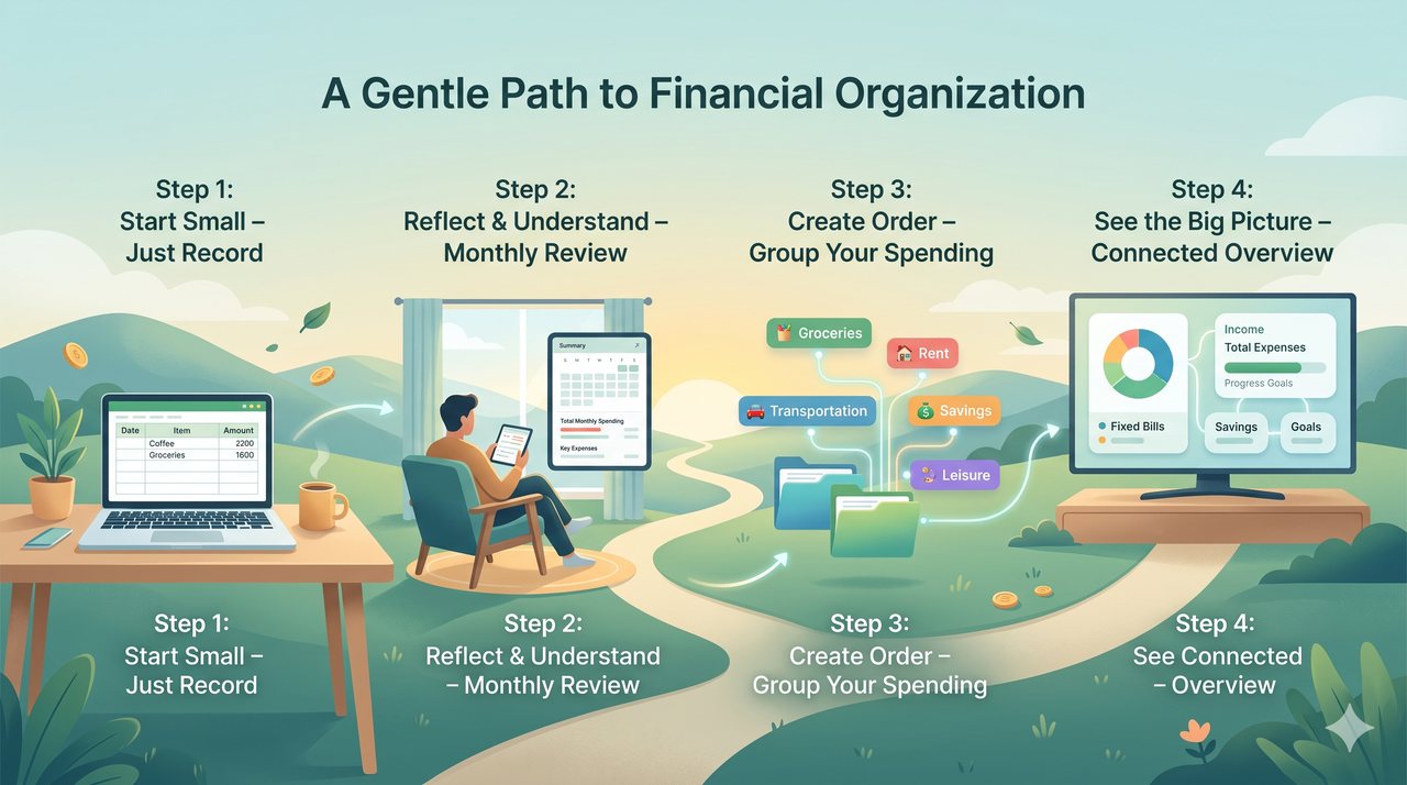 Four-step pathway from a spreadsheet record to an organised connected personal-finance overview.