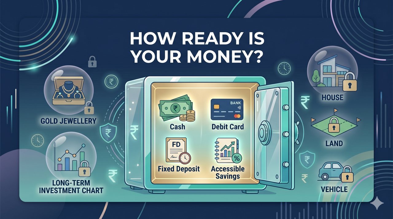 Liquid net worth illustration showing accessible money separated from long-term assets