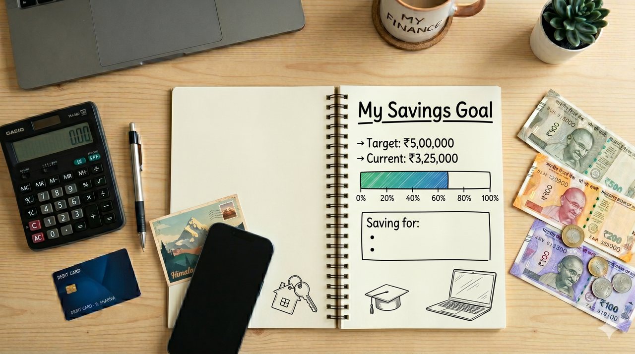 Savings goal plan with progress tracker, calculator and Indian currency