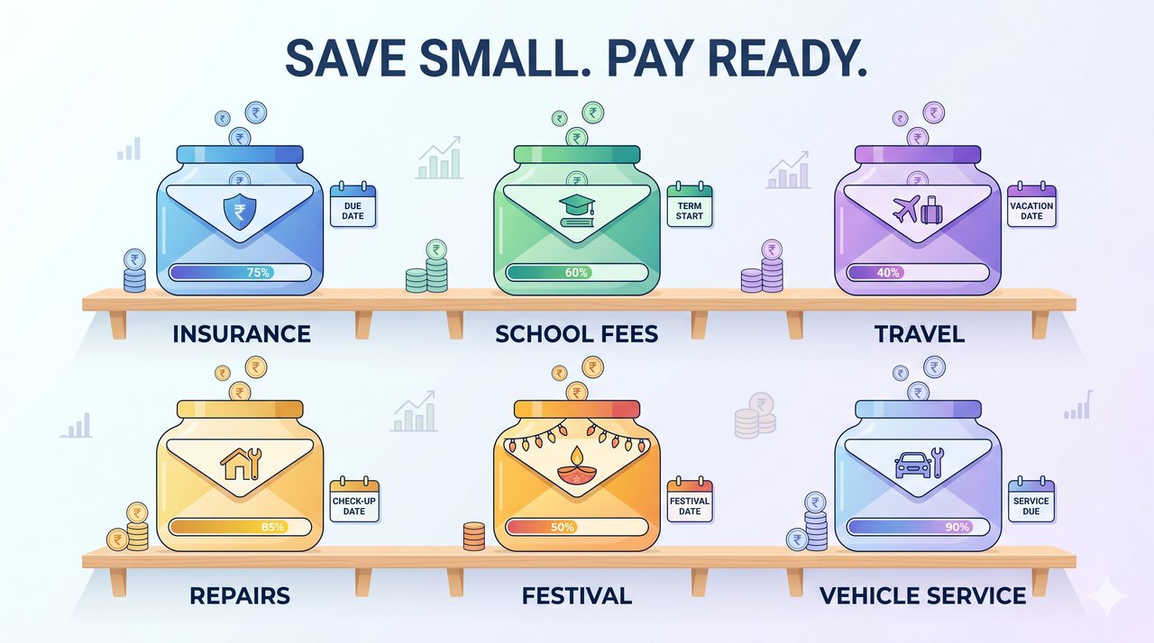 Sinking fund illustration with separate savings jars for planned future expenses