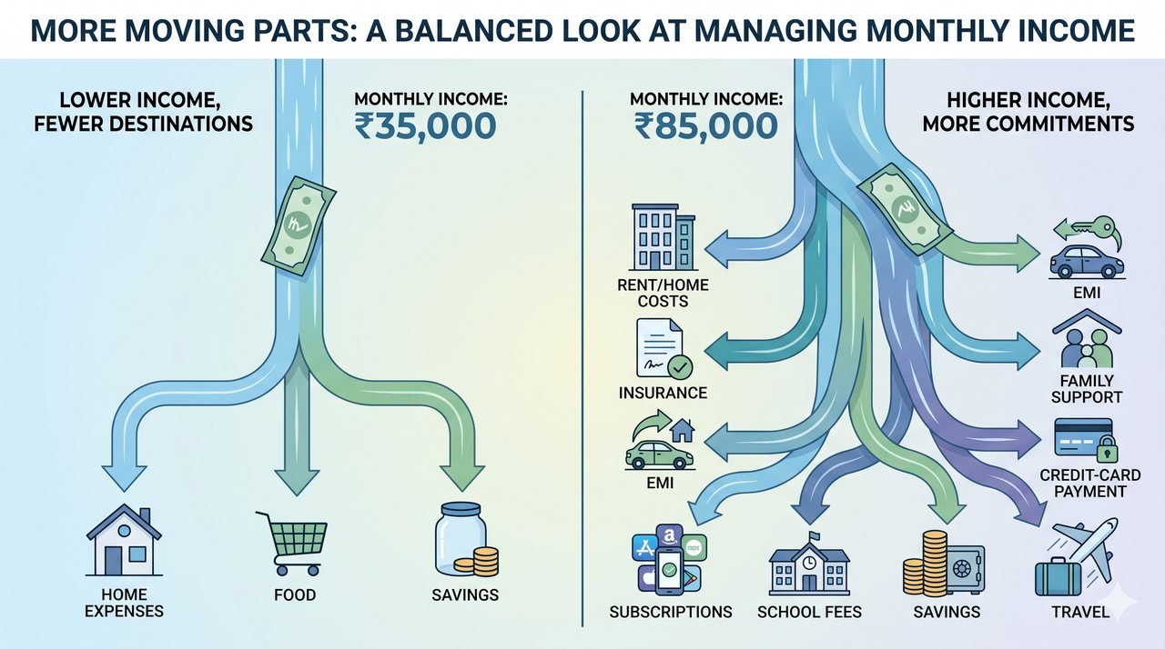 Comparison illustration showing how a higher monthly income can also bring more financial commitments and payment categories