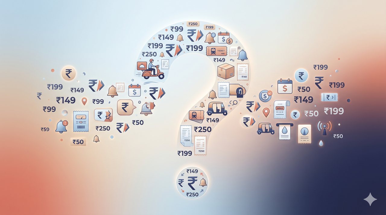 Small UPI payments, subscriptions, delivery costs and bills forming a question mark to represent forgotten everyday expenses