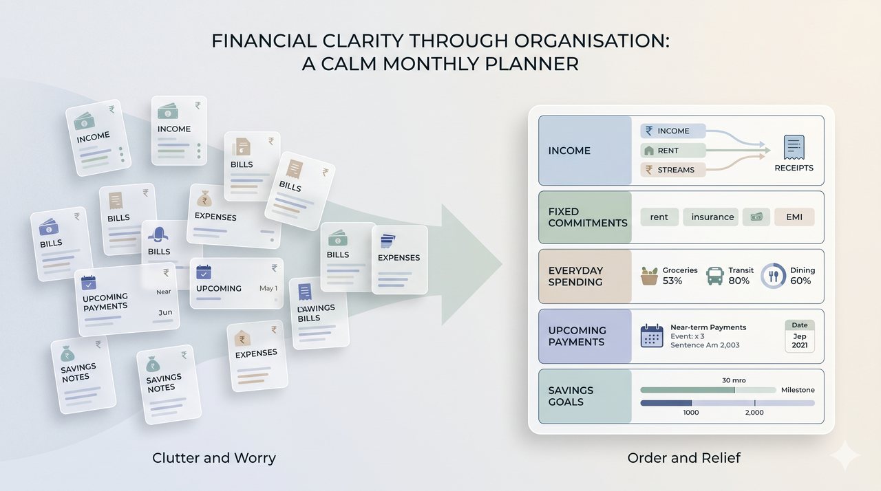 Scattered personal-finance details becoming an organised monthly review board with income, expenses, bills and savings goals.