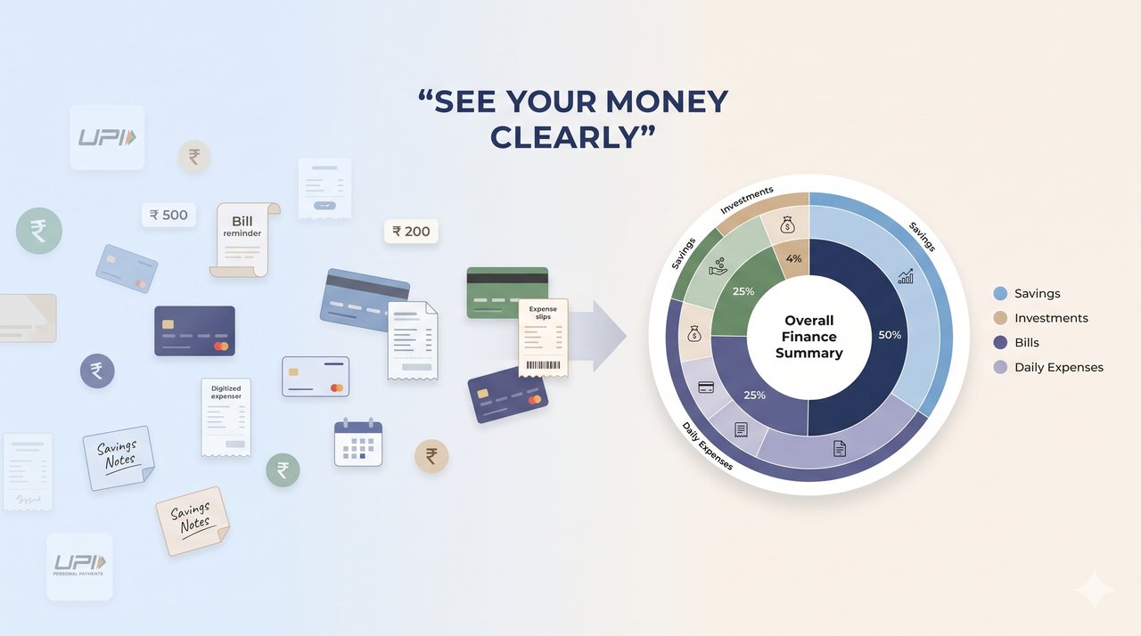 Illustration showing scattered payment, bill and ₹ symbols becoming an organised personal-finance overview, representing clearer money tracking