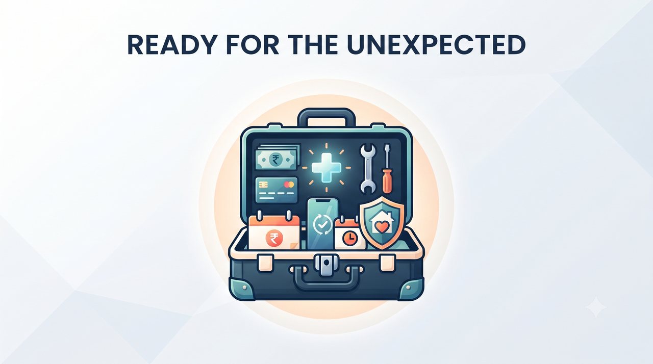 Emergency expense preparedness illustration with savings, medical needs, home repair tools and calendar alert