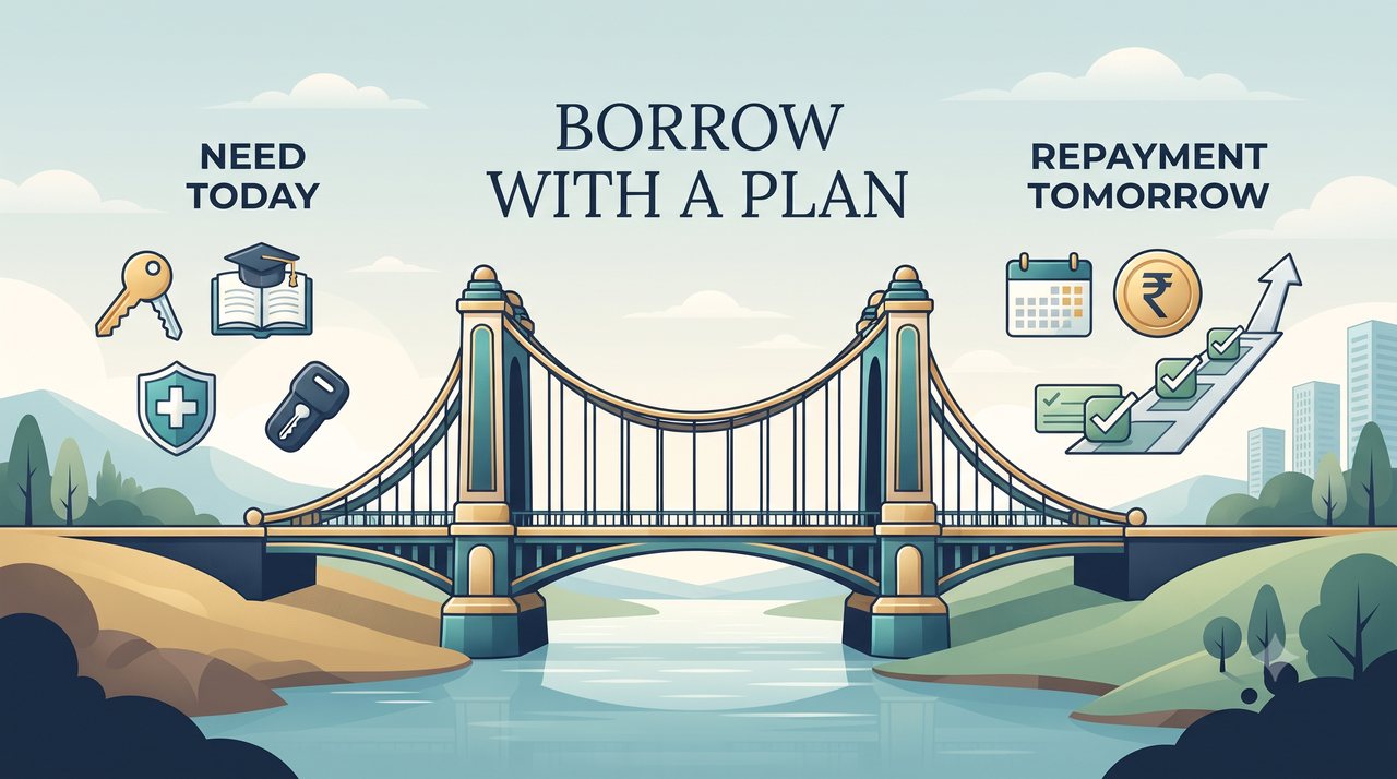 Debt repayment illustration showing borrowing for an important need and a planned path toward repayment
